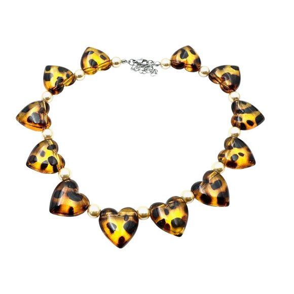 Womens Faux Tortoise Lucite Heart Pearl Silver Tone Choker Necklace Trendy - Picture 2 of 2